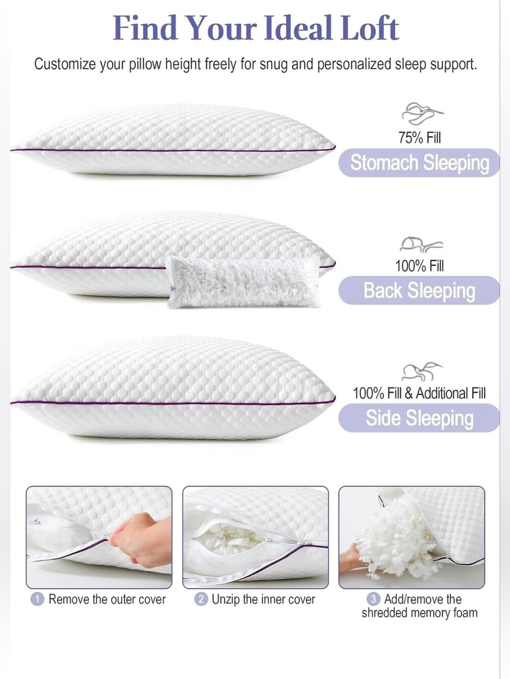 NIB 2 Pack Shredded Memory Foam Pillows Cooling Bamboo Covers Adjustable Loft - Picture 9 of 11